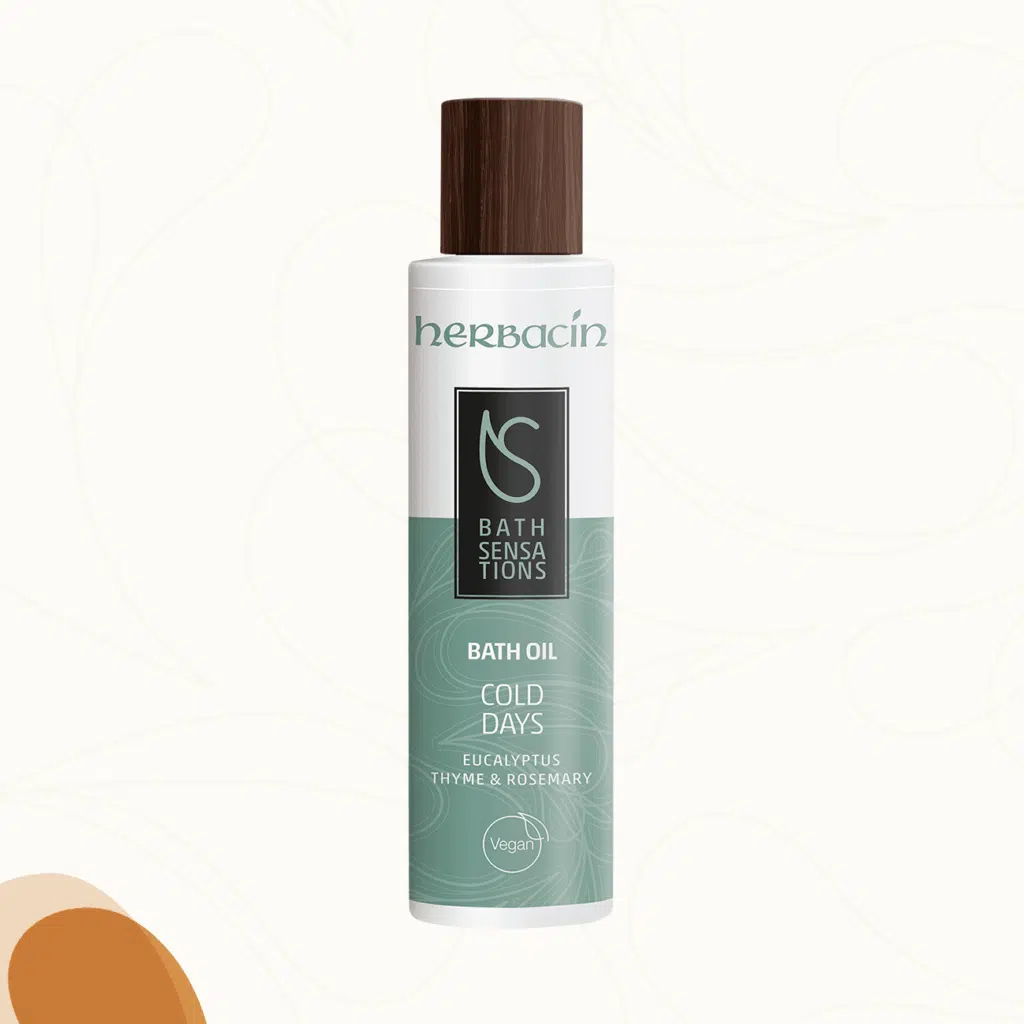 Herbacin Bath Sensations bath oil with thyme, eucalyptus, rosemary, and frankincense, enriched with macadamia oil and sweet almond oil, in a 200 ml bottle.