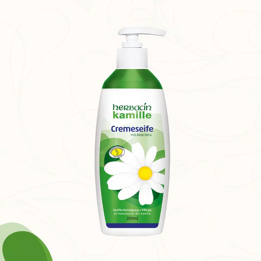 Milde Cremeseife mit nat&uuml;rlichen Kamillenbl&uuml;ten-Extrakt, Glycerin und Aloe Vera im 200 ml Pumpspender